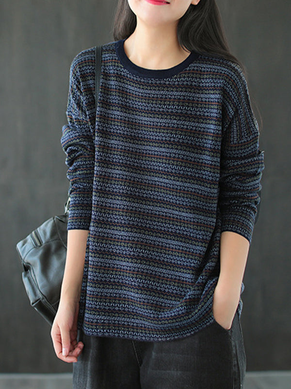 Women Retro Printed Loose Contrast Sweater