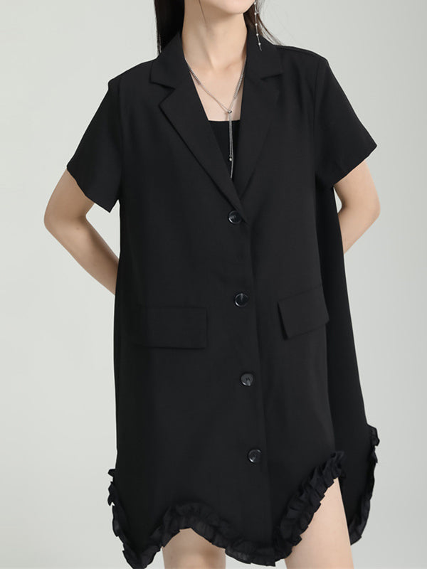 Irregular Clipping Short Sleeves Pure Color Notched Collar Mini Dresses