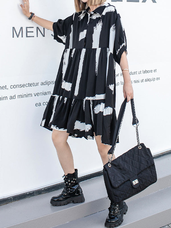 Roomy Short Sleeves Contrast Color Falbala Polo Midi Dresses