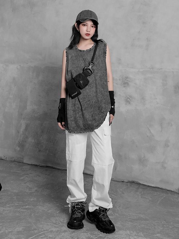 Punk Solid Round Neck Sleeveless Vest