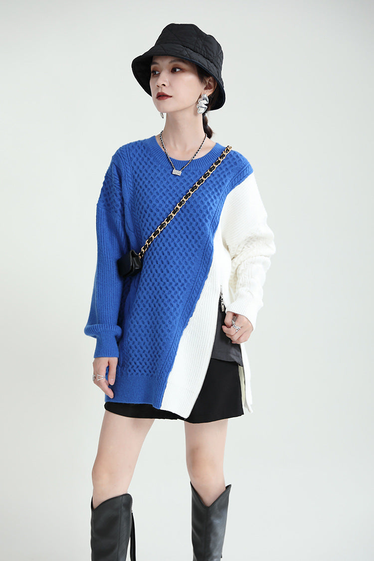 Simple Loose Color-Block Zipper Knitted Sweater