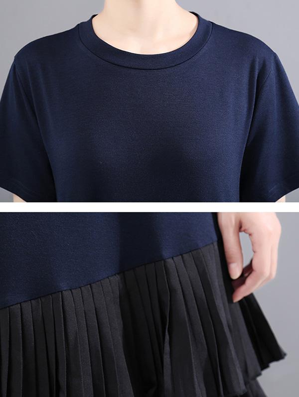 Splicing Cropped Floral Round Neck Dress