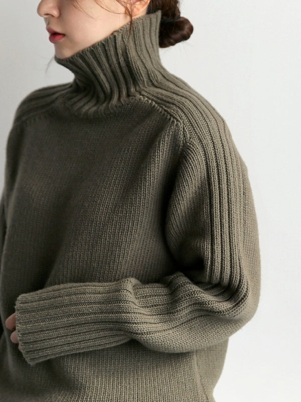 Women Solid Color Pullover Turtleneck Sweater