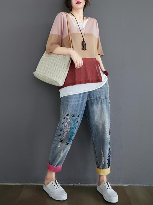Loose False-Two Light Knitting Striped T-Shirts