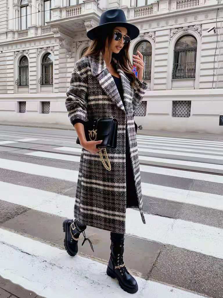 Classic Plaid Lapel Collar Midi Outerwear