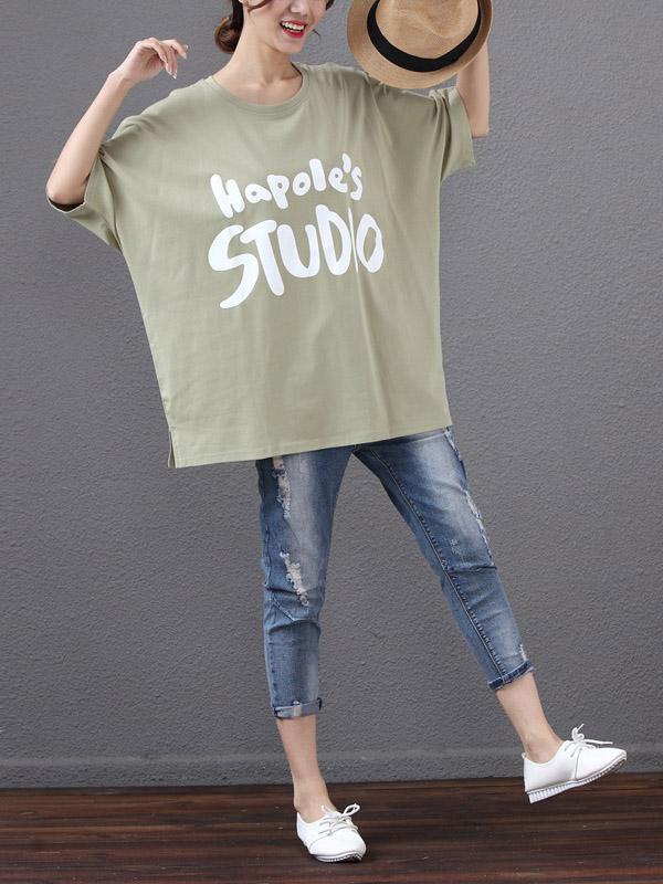 Batwing Sleeves Printed Letter T-Shirt