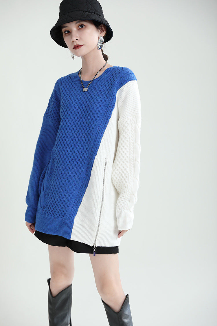 Simple Loose Color-Block Zipper Knitted Sweater