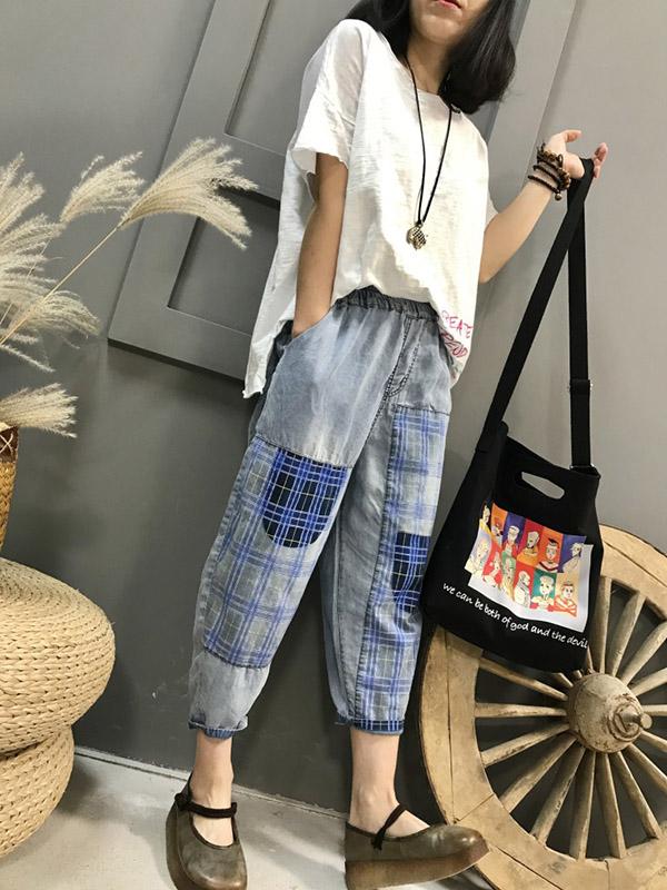 Plaid Splicing Loose Jean Cropped Harem Pants