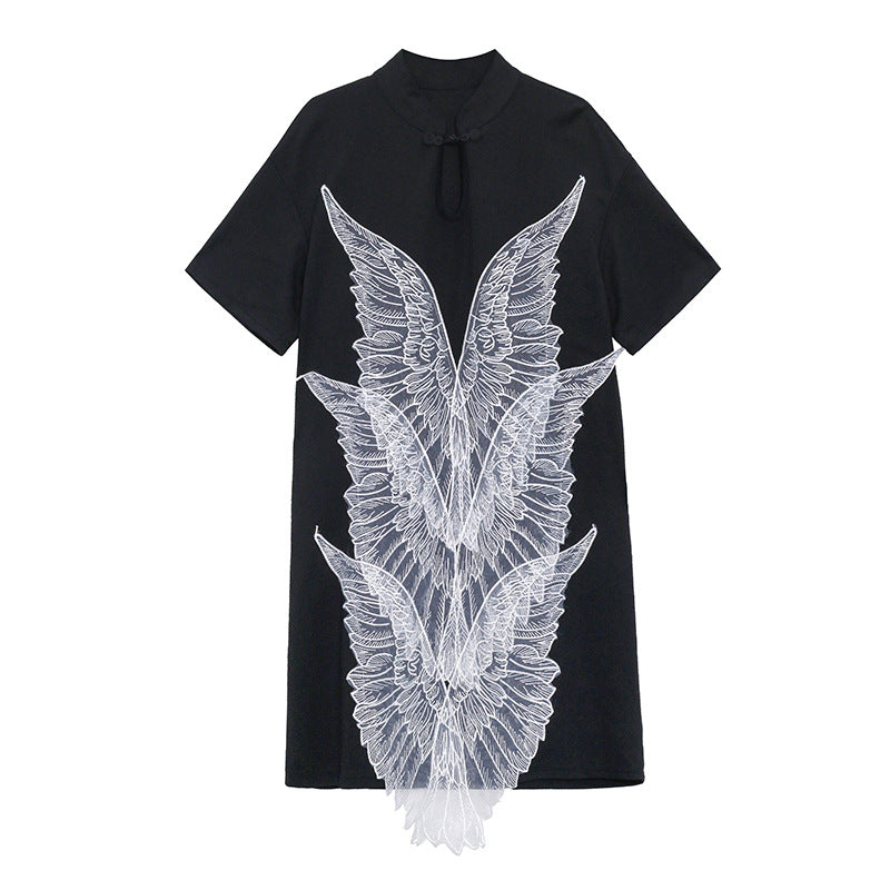 Loose Wing Embroidery Stitching Midi Dress