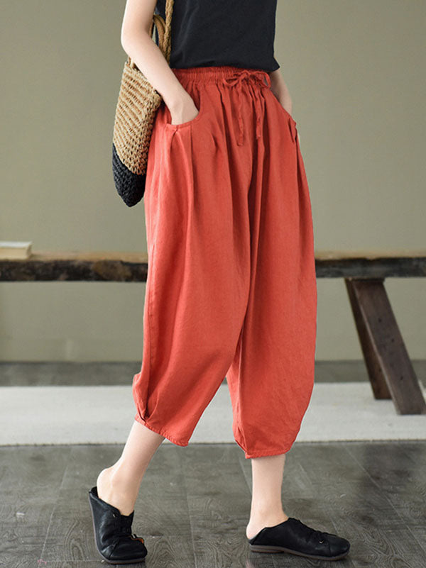 Artistic Retro Drawstring Elasticity Solid Pants