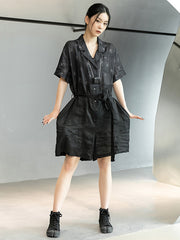 Urban Black Linen Stamped Notched Collar Rompers