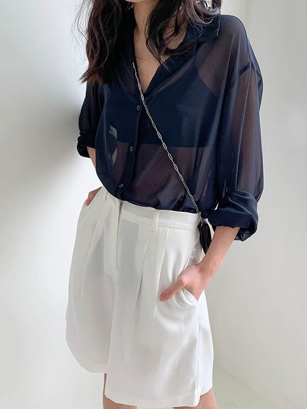 Solid Color See-Through Loose Shirt