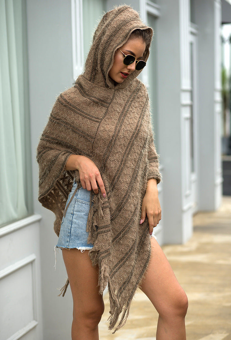 Casual Striped Knitted Hooded Shawl Sweater