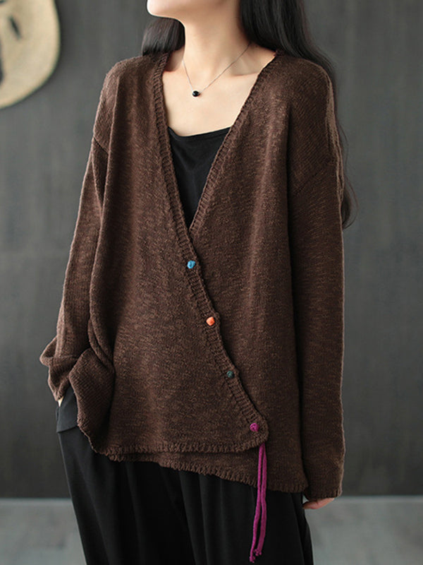 Solid V-Neck Loose Retro Cardigan Outwear