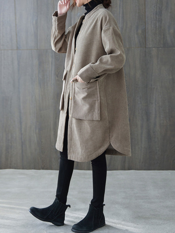 Women Stand Collar Solid Color Irregular Coat