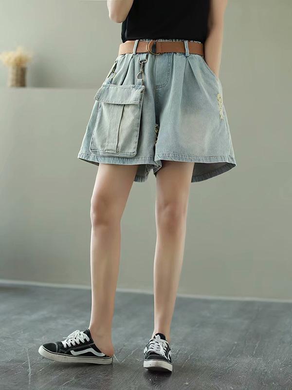 Vintage Elastic Waist Large Pocket Wide Leg Jean Shorts