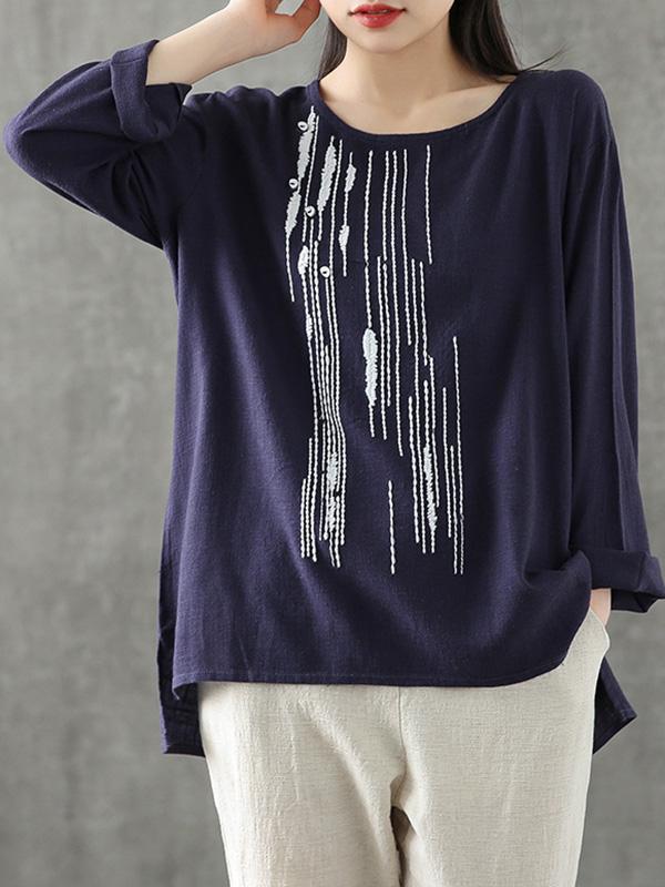 Vintage Loose Embroidered Long-Sleeve T-Shirt