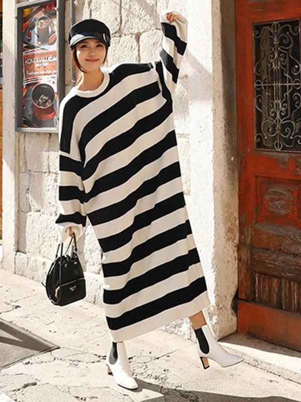 Knitting Loose Stripe Cotton Long Dress