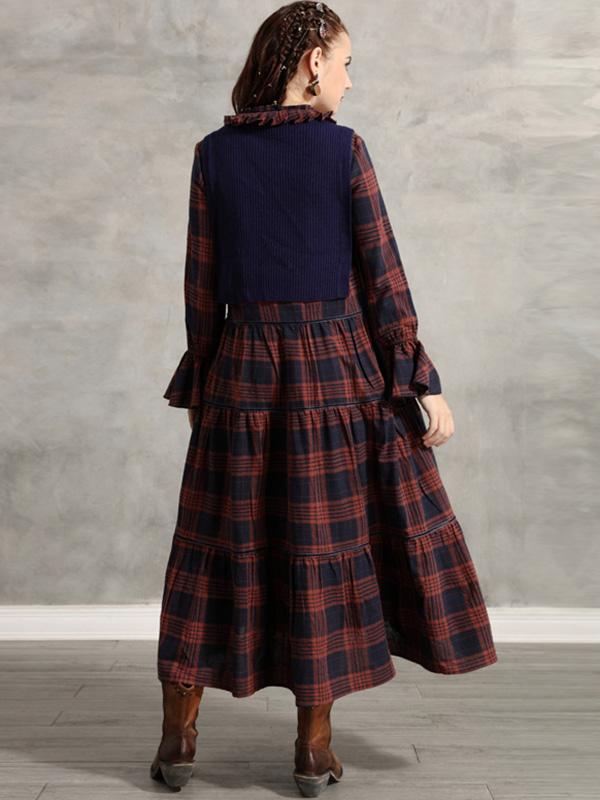 Vintage Pleated Bow Plaid Doll-Neck Midi Dress