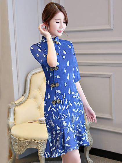 New Blue Chiffon Mermaid Short Cheongsam