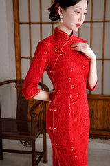 Vintage Lace Slash Standing Collar Cheongsam Maxi Dress