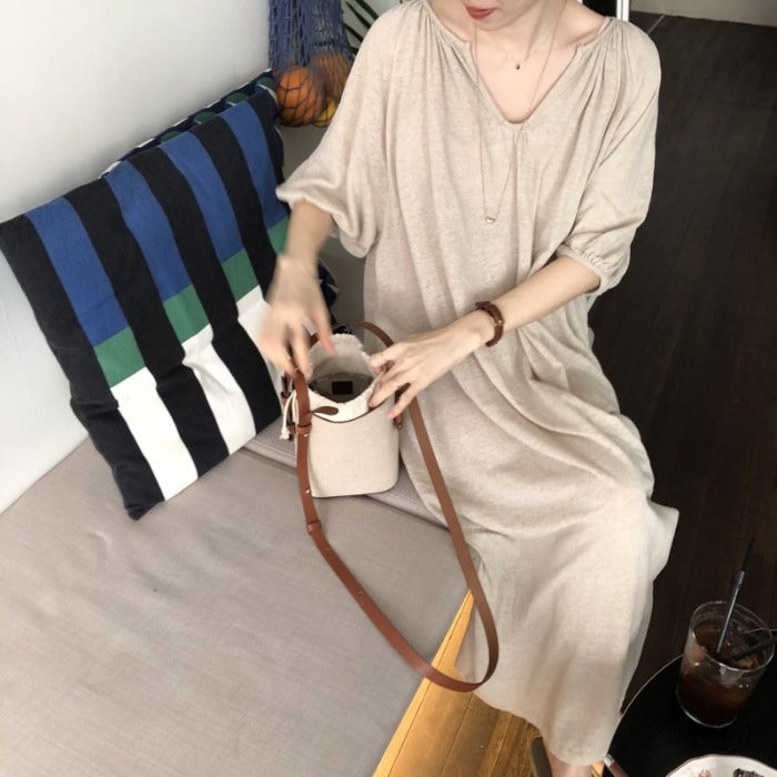 V-neck Half Sleeves Loose Casual Maxi Dress