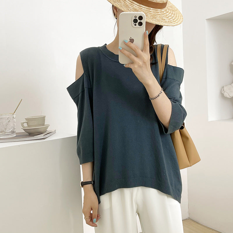 Loose Round Neck Solid Knitted T-Shirt