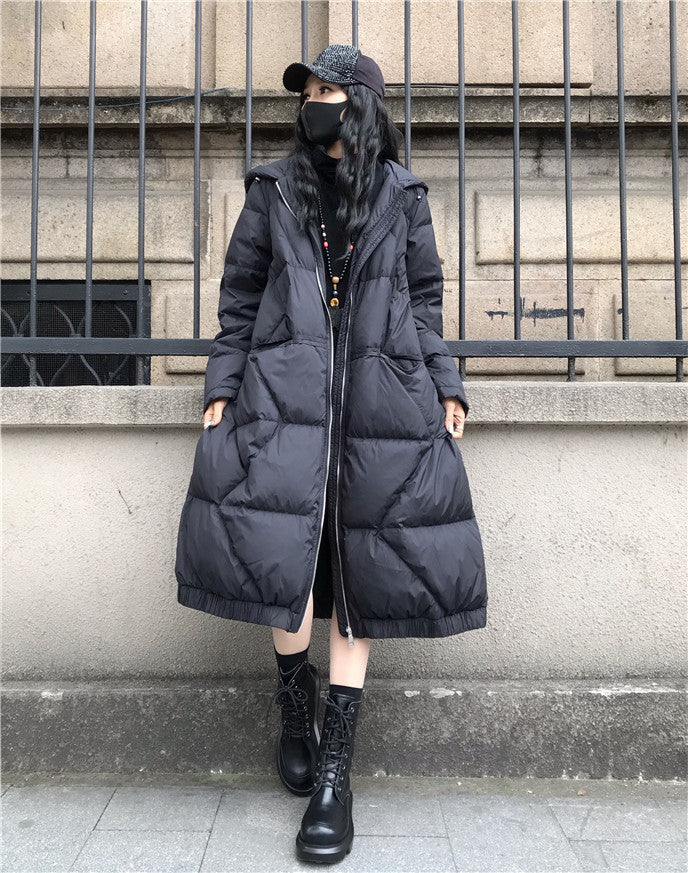 Large Size Loose Mid-Length Thick Hooded Down Coat