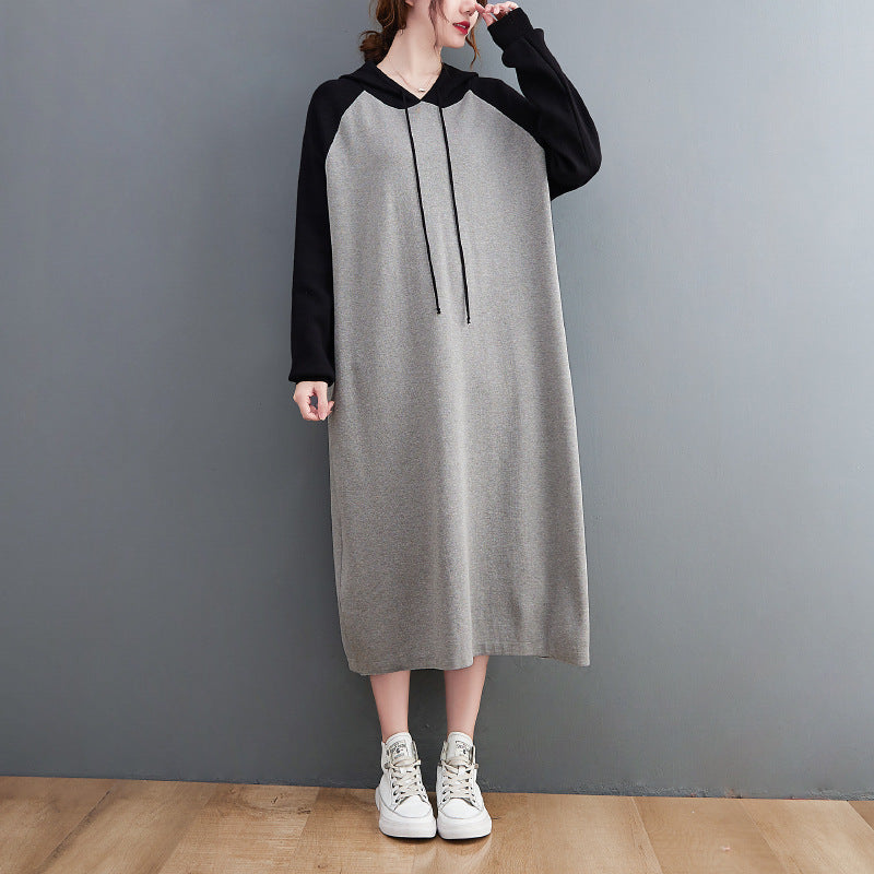 Retro Loose Color-Block Hooded Midi Dress