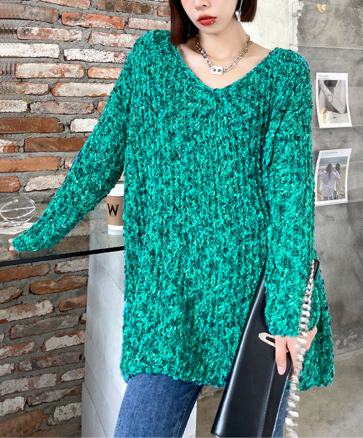 Loose V-Neck Long Sleeve Solid Color Knitted Sweater