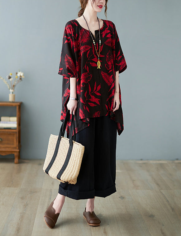 Retro Printed Loose Mid-Length Shirt Top