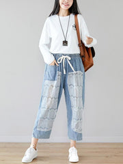 Lace Split-joint Drawstring Jean Pants