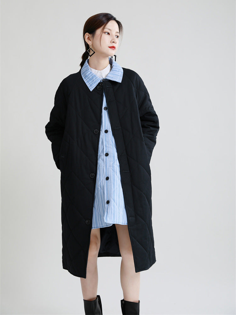 Retro Splicing Lapel Collar Midi Cotton Outwear