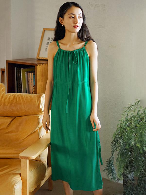 Solid Pleated Sleeveless Casual Dress