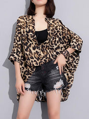 Leopard Print High-Low Roomy Stand Collar Shirt