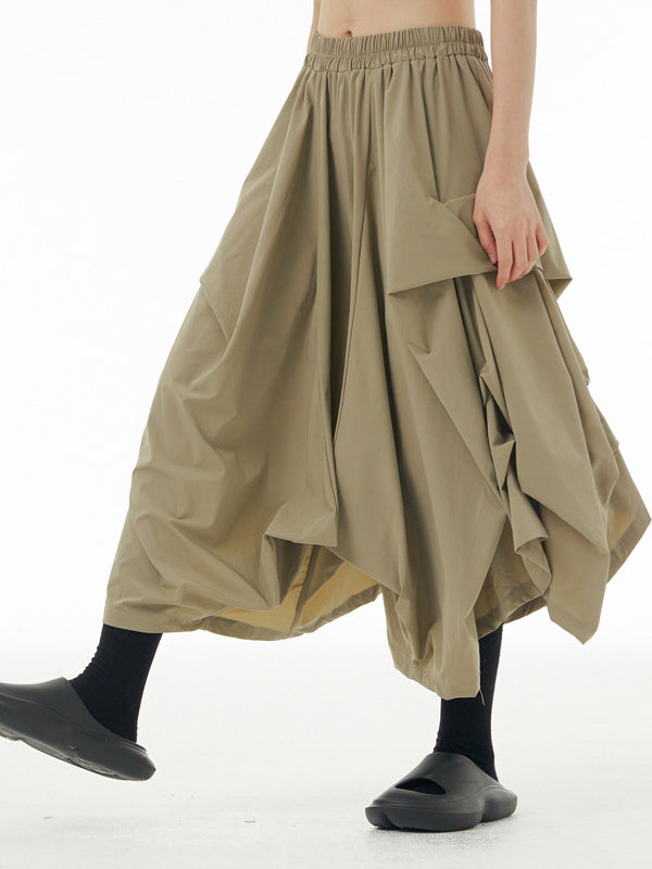 Irregularity Wide Leg Pleated Pure Color Cropped Trousers Culotte