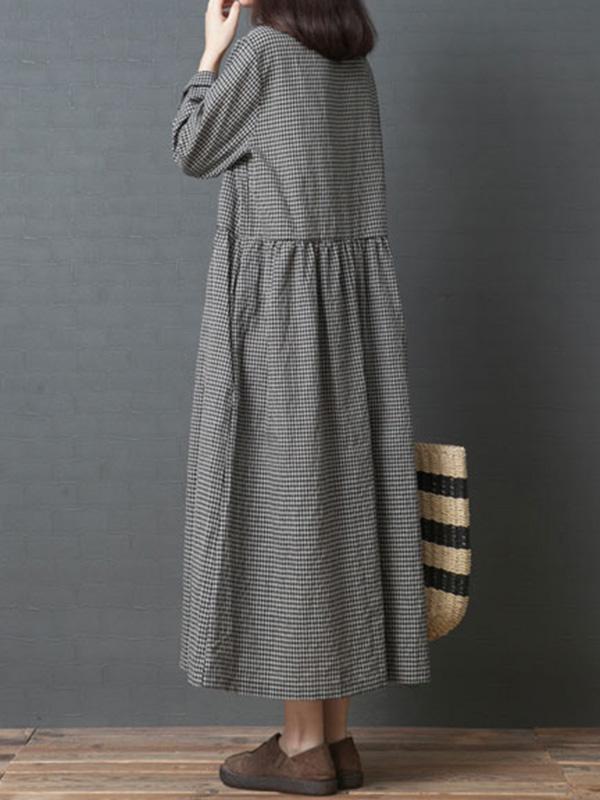 Cute Naional Plaid Red Button Long Dress