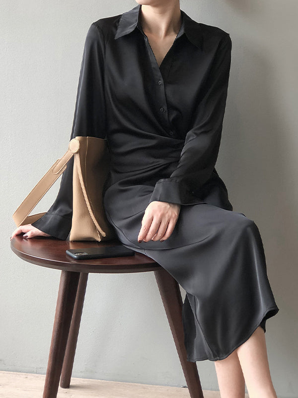 Lapel Solid Color Shirt Midi Dress