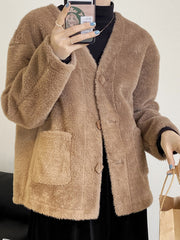 Women V-Neck Solid Color Thick Coat