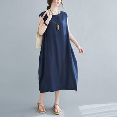 Retro Round Neck Solid Color Midi Dress