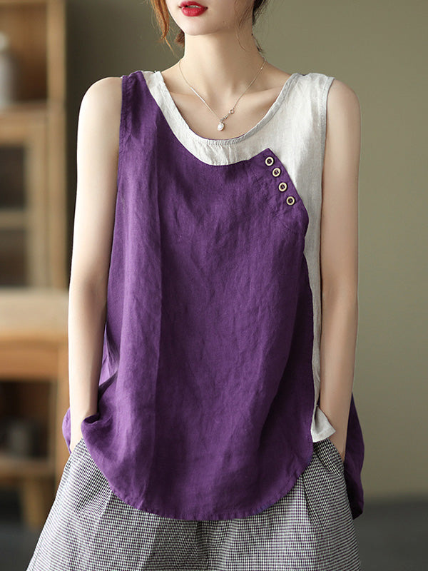 Round Neck Split-Joint Contrast Color Vest Top