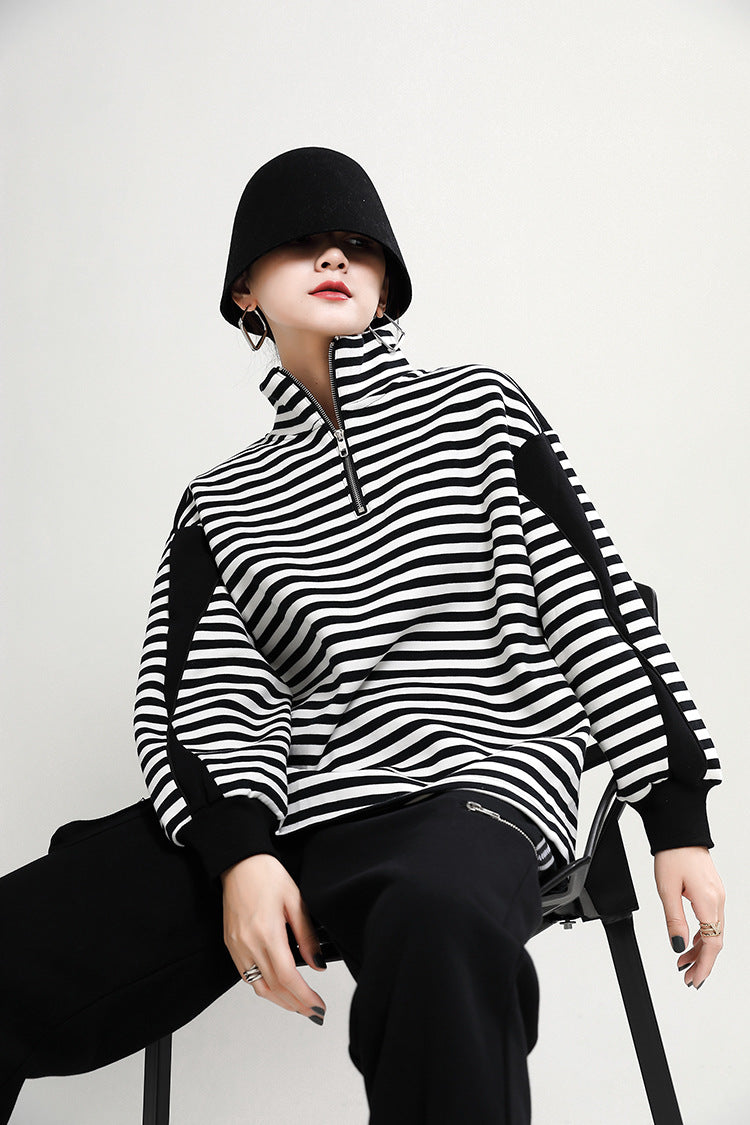 Women Loose Striped Zipper Sweatshirt