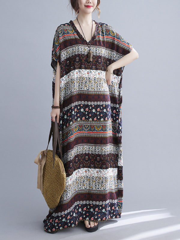 Color V-Neck Print Splicing Casual Dress