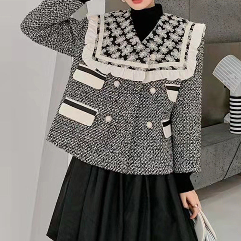 Retro Houndstooth Embroidered Lace Collar Outwear