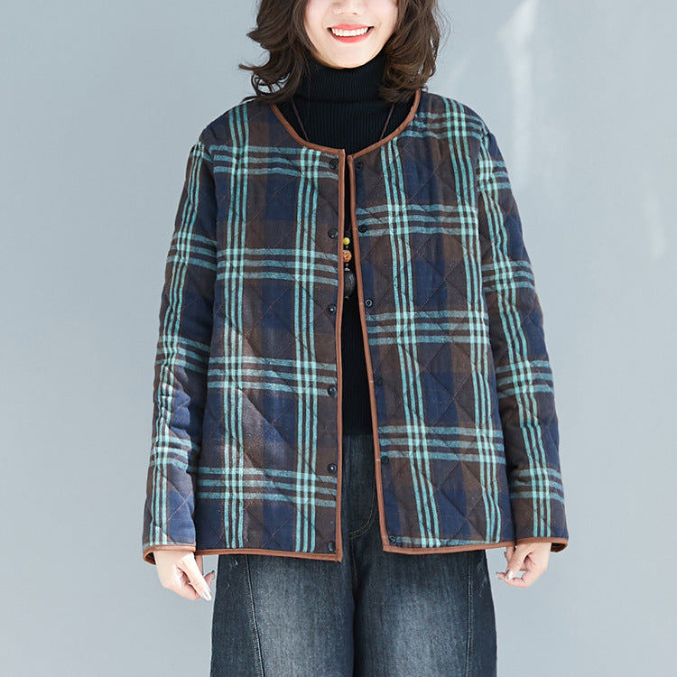 Women Retro Round Neck Plaid Print Coat