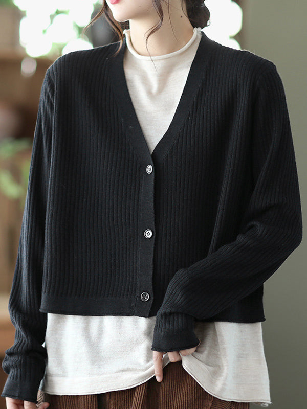 Retro Color-Block Fake Two-Piece Knitted Sweater Cardigan