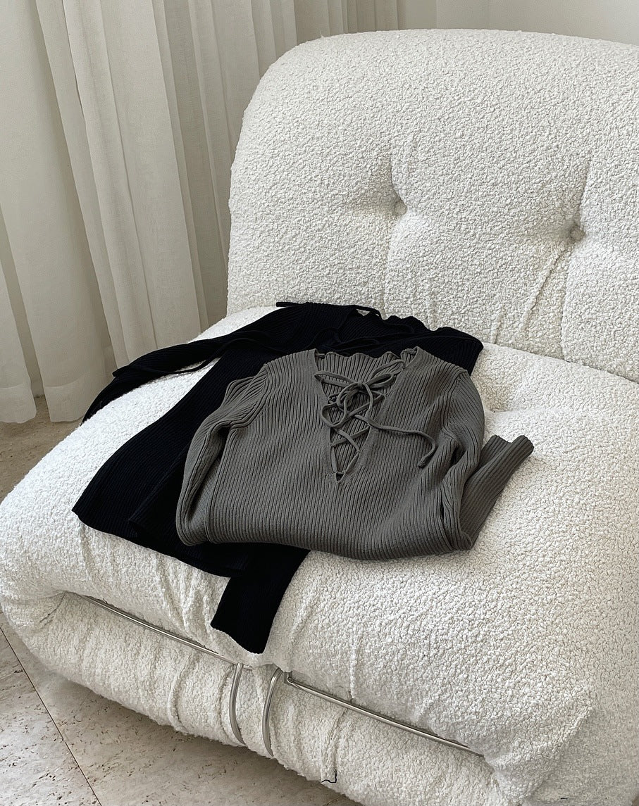 Cross Lacing V-Neck Knitted Long Sleeves T-Shirt