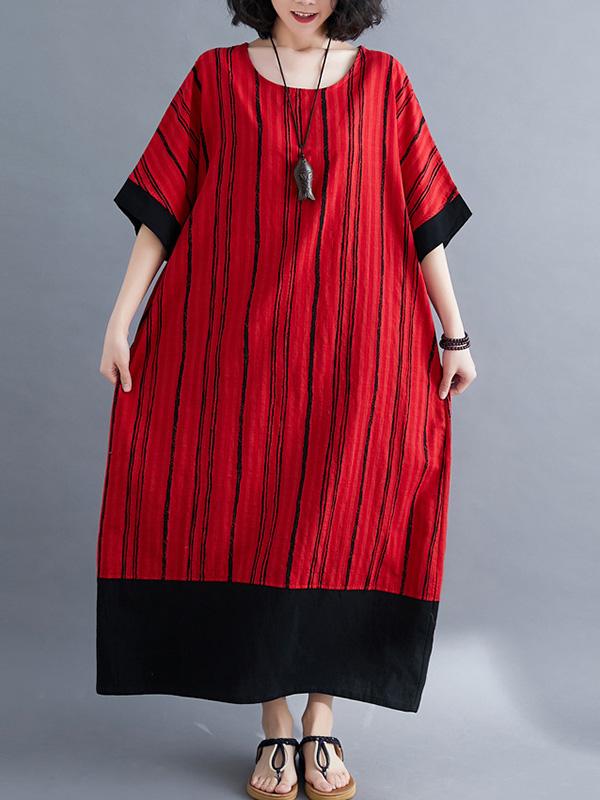 Loose Striped Split-Joint Cotton Dress