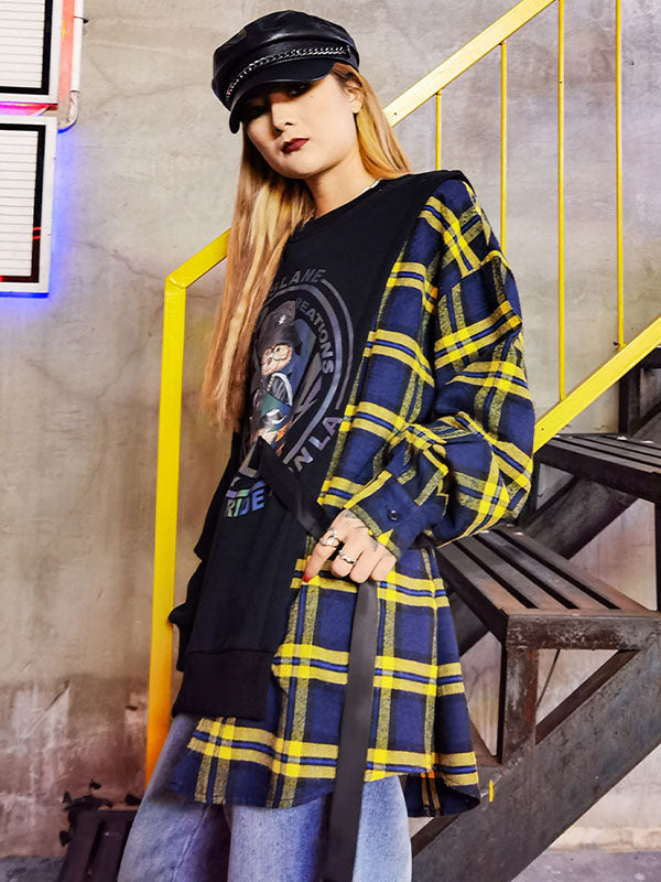 Fashion Roomy Contrast Color Stamped Plaid Split-Joint Sweatshirt