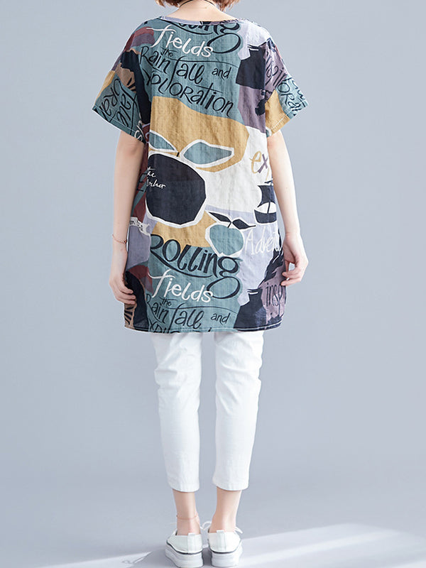 Vintage Round Neck Short Sleeve Printed Loose T-Shirt
